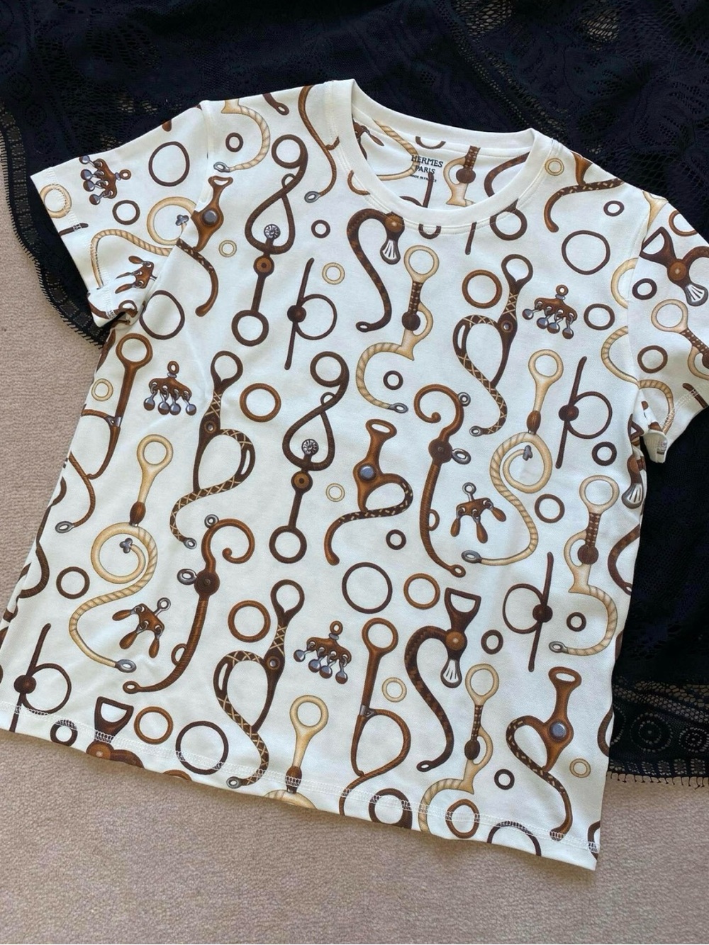 Woman Cream Graphic Tee with Brown Equestrian Print